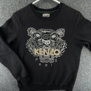 KENZO Sweatshirt Pullover Graphic Print Long Sleeve Medium Black Tiger Fleece